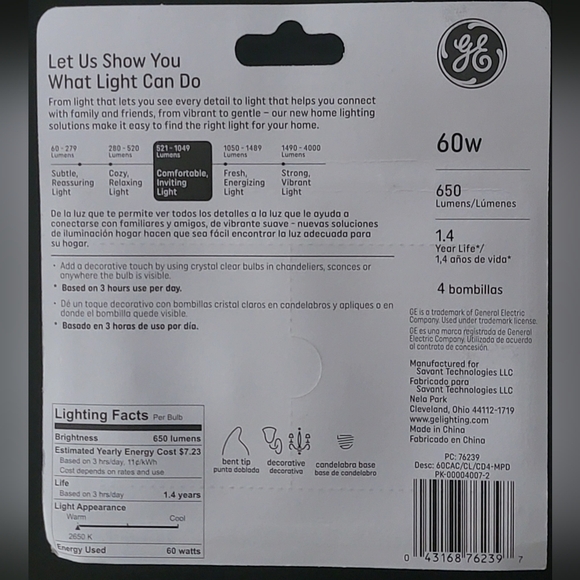 GE Crystal Clear  60w 650 lumen ca type bulbs 4pk - Picture 4 of 7